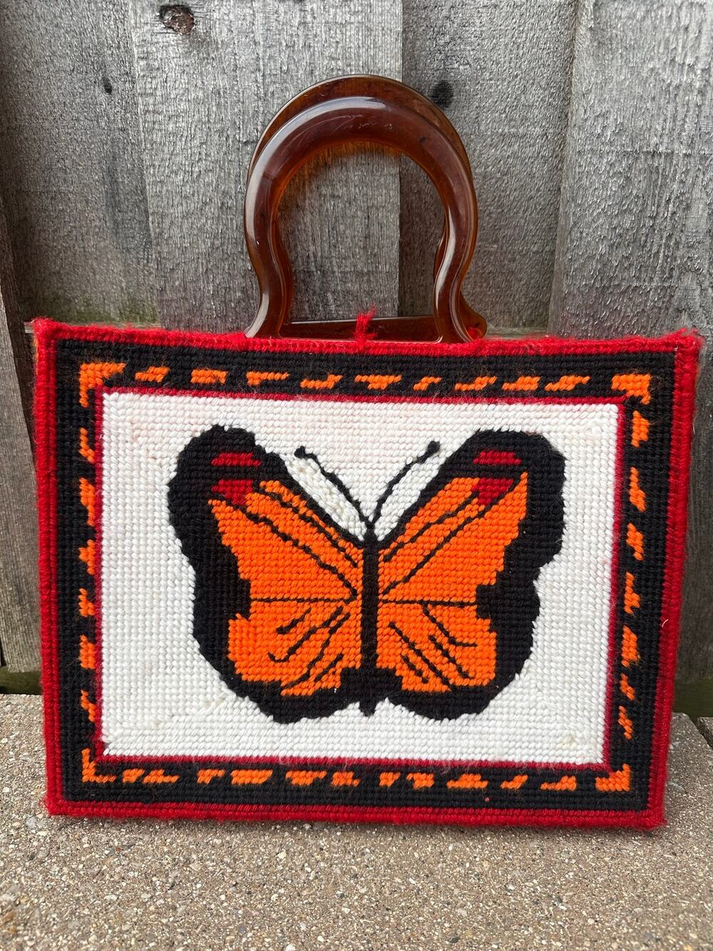 Vintage 1970s Needlepoint Butterfly Motif Handbag Lucite Handles